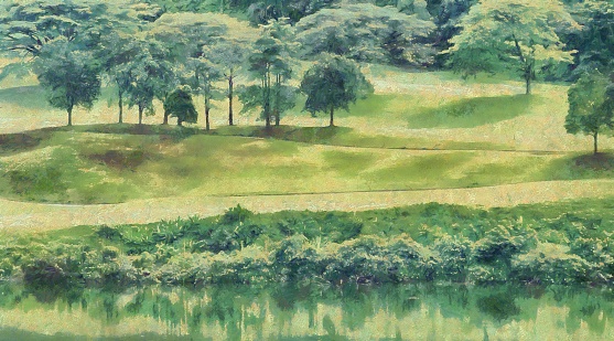 Oil painting  of a lake and trees in the background.