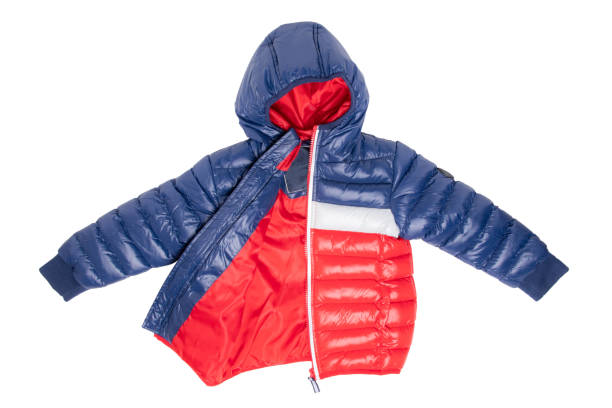 winter jacket isolated. a stylish blue and red warm down jacket with red lining for the kids is isolated on a white background. childrens wear with hood for spring and autumn. - fleece coat imagens e fotografias de stock