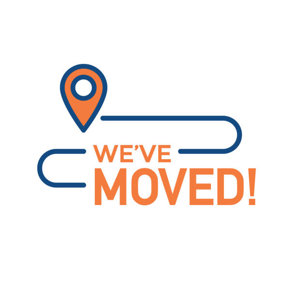 We've Moved Sign with Text Typography & icon to convey moving We've Moved Sign w Text Typography and icon to convey moving relocation stock illustrations