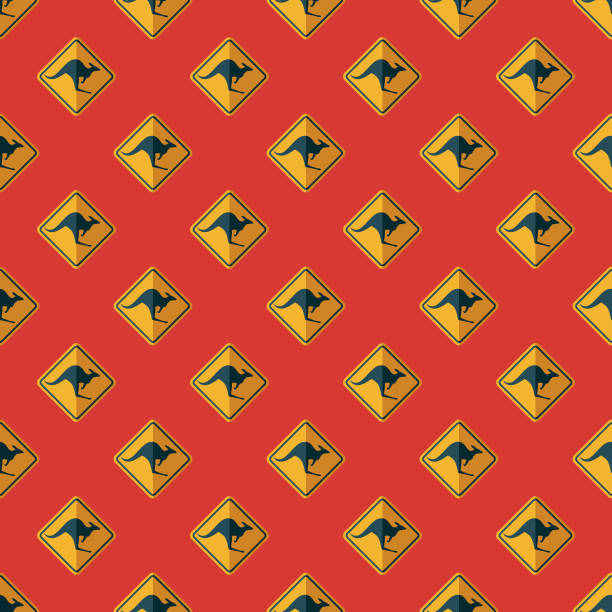Kangaroo Crossing Australia Seamless Pattern A seamless pattern created from a single flat design icon, which can be tiled on all sides. File is built in the CMYK color space for optimal printing and can easily be converted to RGB. No gradients or transparencies used, the shapes have been placed into a clipping mask. kangaroo crossing sign stock illustrations