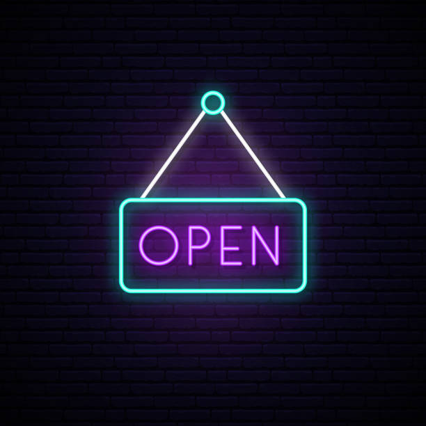 Open neon sign in a frame on brick wall background. Open Bright signboard. Vector design template. Open neon sign in a frame on brick wall background. Open Bright signboard. Vector design template. purple cafe stock illustrations