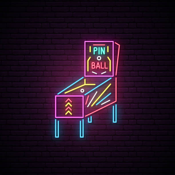 Arcade game machine neon sign. Advertising design. Pin Ball machine emblem. Night light signboard. Vector illustration. Arcade game machine neon sign. Advertising design. Pin Ball machine emblem. Night light signboard. Vector illustration. pinball machine stock illustrations