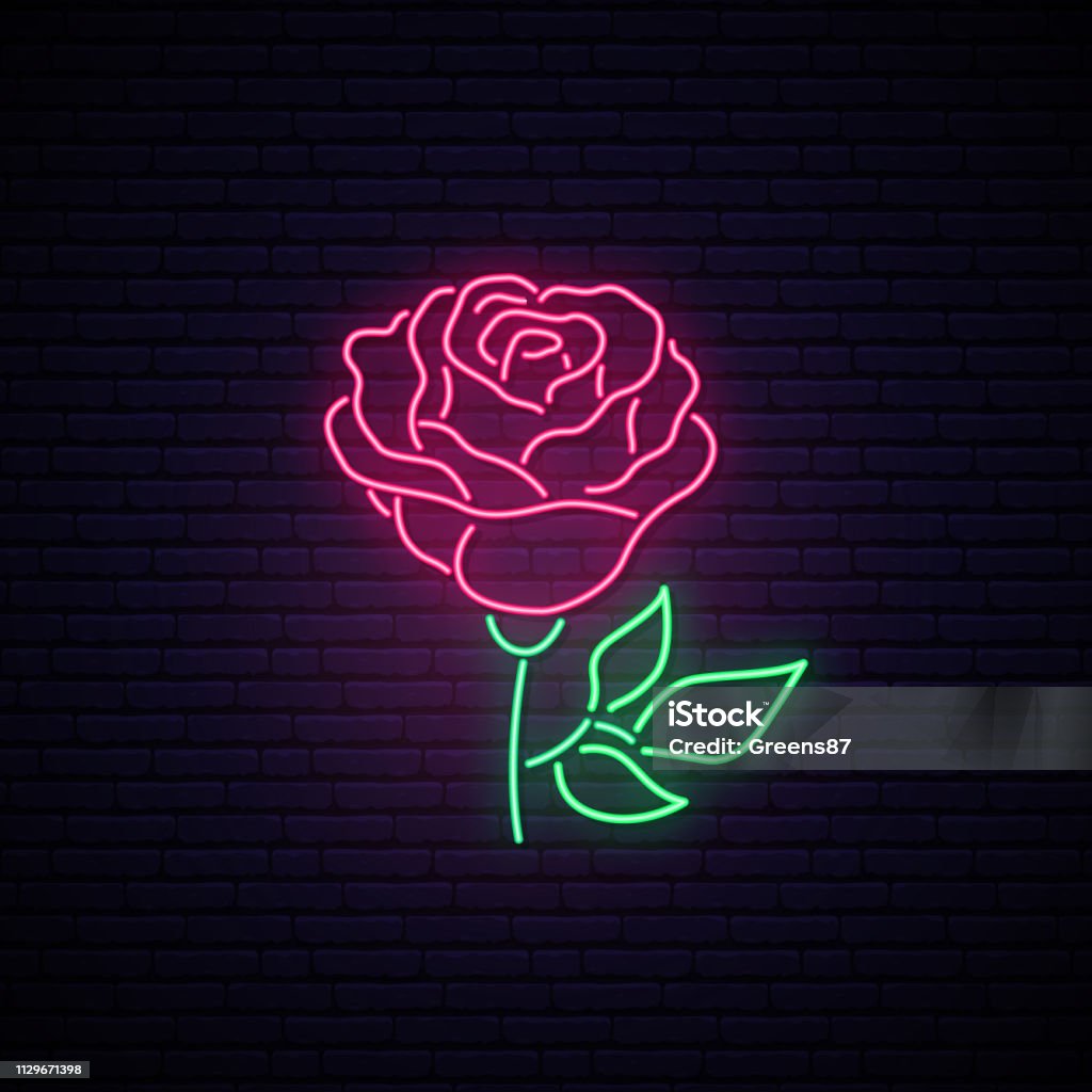 Rose neon sign. Light flower on brick wall background. Vector illustration. Neon Lighting stock vector
