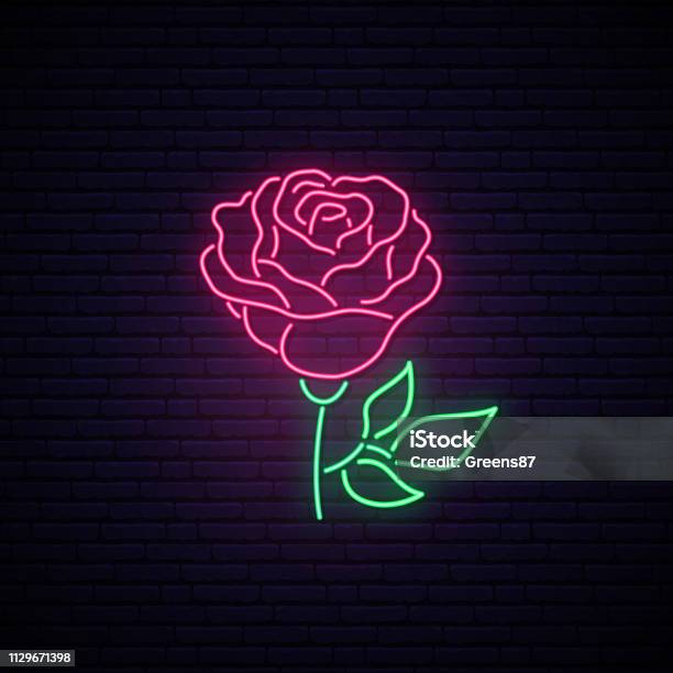 Rose Neon Sign Light Flower On Brick Wall Background Vector Illustration Stock Illustration - Download Image Now