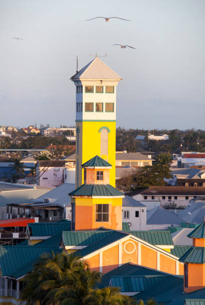 The sunset view of a tower of the port terminal building in Nassau downtown (Bahamas).
