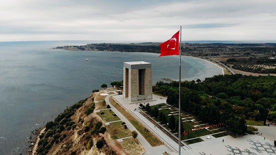 Canakkale , Turkey - February 10 2019: The Çanakkale Martyrs' Memorial is a war memorial commemorating the service of about 253,000 Turkish soldiers who participated at the Battle of Gallipoli.
