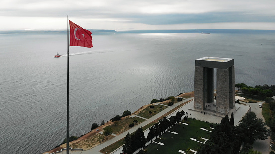 Canakkale , Turkey - February 10 2019: The Çanakkale Martyrs' Memorial is a war memorial commemorating the service of about 253,000 Turkish soldiers who participated at the Battle of Gallipoli.