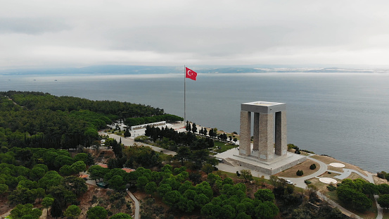 Canakkale , Turkey - February 10 2019: The Çanakkale Martyrs' Memorial is a war memorial commemorating the service of about 253,000 Turkish soldiers who participated at the Battle of Gallipoli.