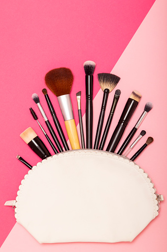 Flat lay of professional make up brushes set isolated on pink background