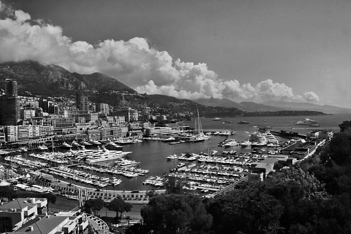 A view of Monaco Harbour in monochrome