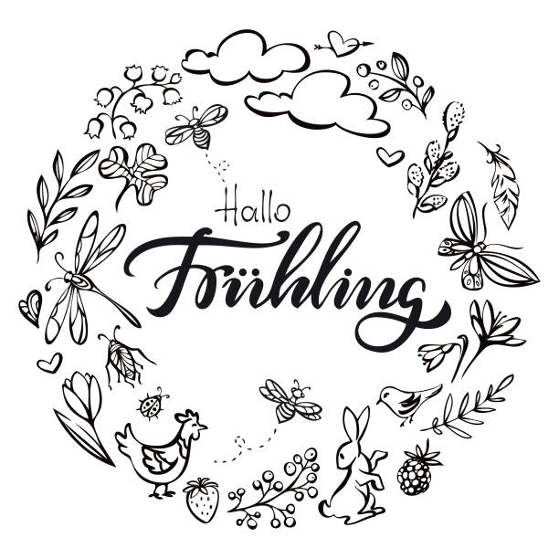 ilustrações de stock, clip art, desenhos animados e ícones de hallo fruehling (hello spring in german language) wreath illustration - german cuisine illustrations