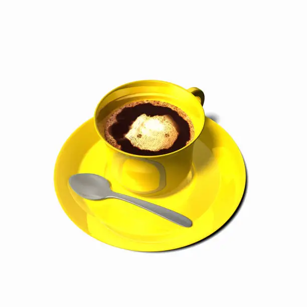 Photo of Yellow cup, frothy coffee  on white background. With silver spoon and yellow plate. Overhead view. 3d rendering