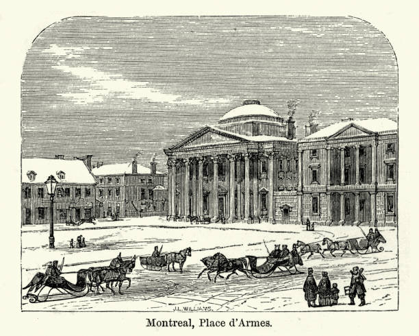 Place d'Armes, Montreal, Canada, 19th Century Vintage engraving of Place d'Armes, Montreal, Canada, 19th Century place darmes montreal stock illustrations