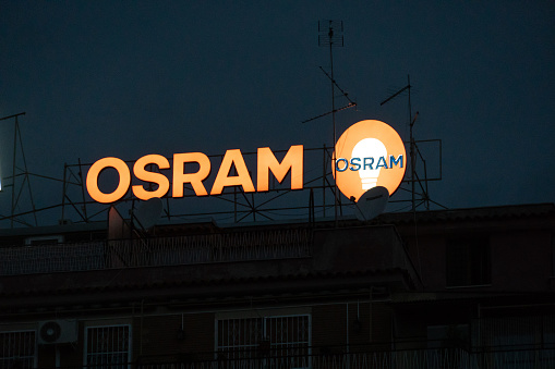 Rome, Italy - August 14, 2018: Osram company signage. OSRAM Licht AG is a multinational lighting manufacturer headquartered in Munich, Germany