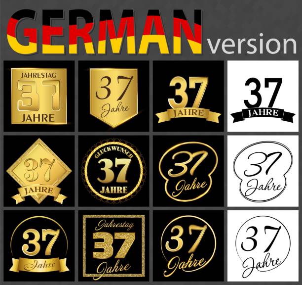 German set of number 37 templates Set of number thirty-seven years (37 years) celebration design. Anniversary golden number template elements for your birthday party. Translated from the German - congratulation, years, anniversary number 37 illustrations stock illustrations
