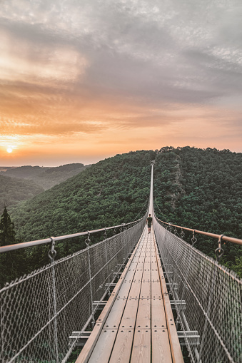 Photo of young Man walking on a hanging bridge in germany during the summer day, Geierlay suspension rope bridge. Lonely Young Man standing alone outdoor and admiring view Travel Lifestyle concept with lrope bridge background and sunset.