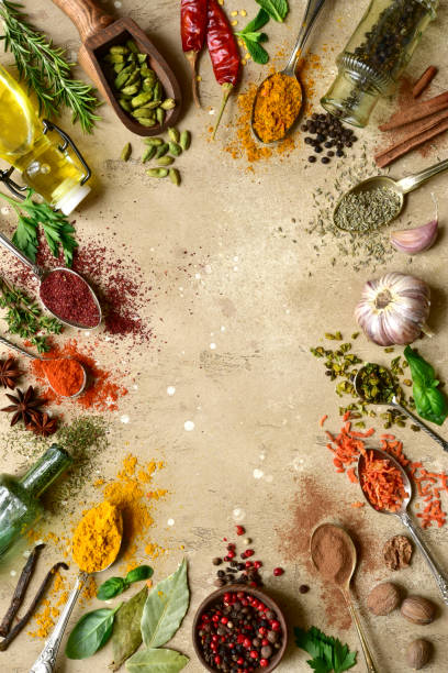 istock Assortment of natural spices on a spoons 1129693328