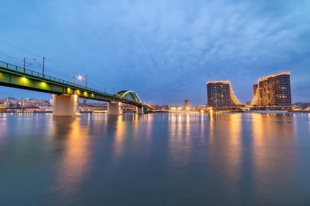 a panorama of belgrade seen from the banks of the sava river. old bridge and waterfront of belgrade. - river sava imagens e fotografias de stock