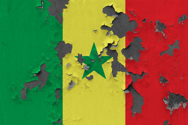 schließen sie grungy, beschädigte und verwitterten senegal fahne an wand farbe im inneren oberfläche abziehen. - senegal flag dirty africa stock-fotos und bilder