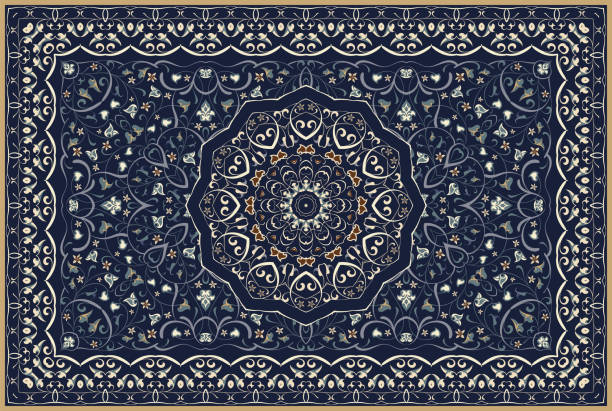 Persian colored carpet. Vintage Arabic pattern. Persian colored carpet. Rich ornament for fabric design, handmade, interior decoration, textiles. Blue background. turkish culture stock illustrations