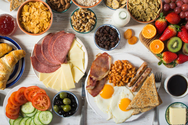 istock Top view of the healthy breakfast, eggs, bacon 1129702012