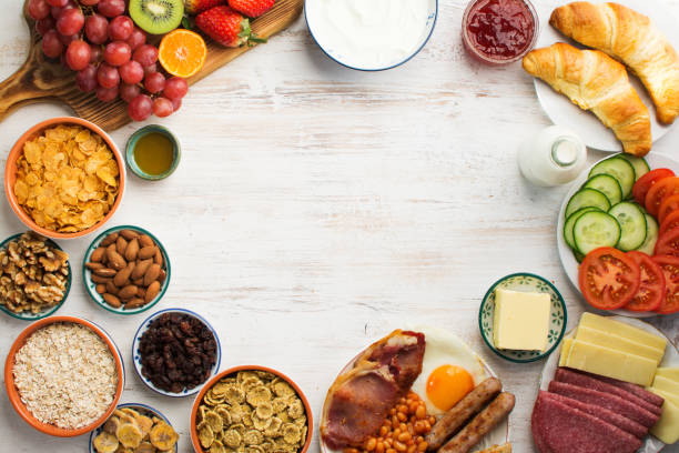 istock Top view of the healthy breakfast, eggs, bacon 1129702034