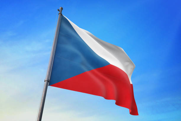High quality 3d render of a  Czechoslovakian flag waving with wind on a blue sky. Low angle view with copy space. Clipping path is included. Great use for  Czechoslovakian  politics and Czechoslovakian culture related concepts. Horizontal composition.