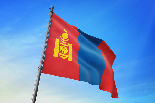 Mongolia flag waving in the blue sky in the wind