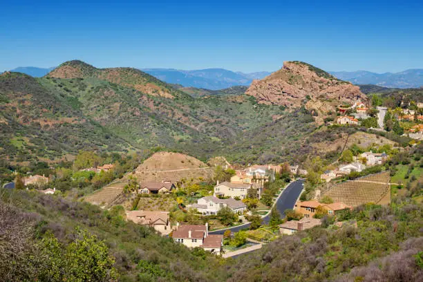 Houses in the Santa Monica Mountains Westlake Village California on a sunny day.
