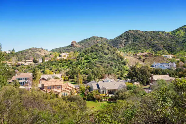 Houses in the Santa Monica Mountains Westlake Village California on a sunny day.
