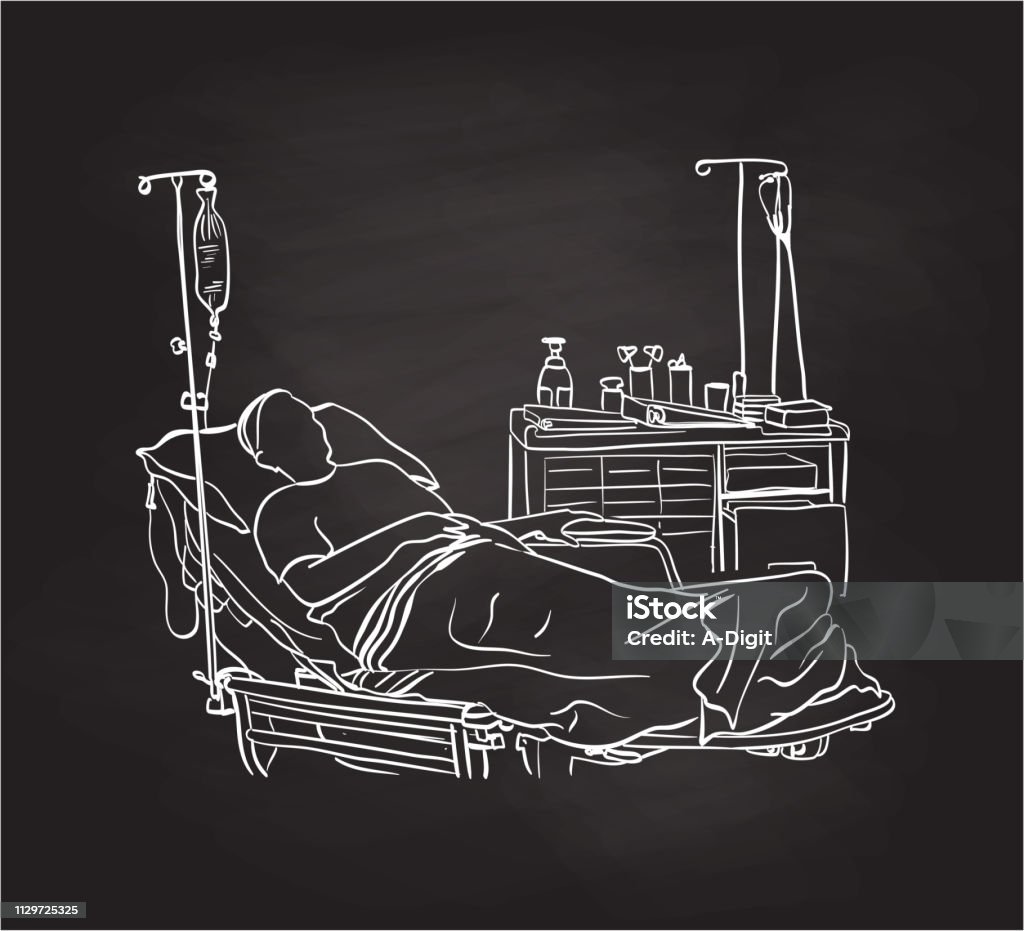 LastBreathHospital Chalkboard drawing of a patient lying down in a hospital room Hospital stock vector