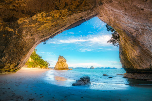 vista desde la cueva en la catedral cove, coromandel, nueva zelanda 39 - new zealand cathedral cove sea sand fotografías e imágenes de stock