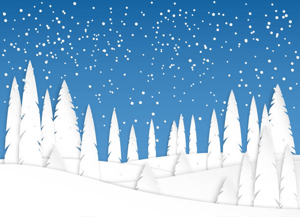 winterlandschaft am nachmittag. schneefall. verschneite wiesen und bäumen im park oder im wald. entwerfen sie in papier-art-stil. vektor - snow wind overlay stock-grafiken, -clipart, -cartoons und -symbole