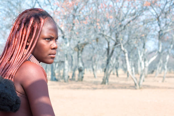 afrykańskie plemię himba młoda kobieta z tradycyjną fryzurą pół-twarz z bliska na tle lasu - lifestyles south africa sport horizontal zdjęcia i obrazy z banku zdjęć