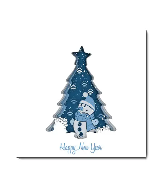 Vector illustration of 3d abstract paper cut illustration of colorful paper art new year snowman, gifts, snow and blue conifer tree shape. Happy new year greeting card template in paper art style.