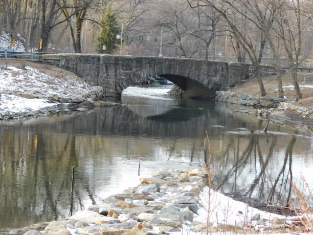 istock Stone bridge Bronx river parkway over reflective stream with snow 1129733344