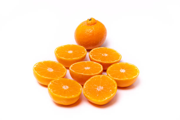 Set of round cut slices of ripe juicy organic mandarin oranges on a white background. Vitamins healthy lifestyle vegan super foods concept.