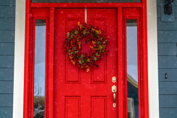 istock Red front door with wreath and glass panes in Utah 1129741668