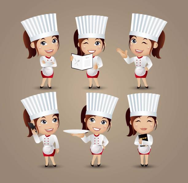 illustrations, cliparts, dessins animés et icônes de profession-carrière-avec différentes poses - chef cooking food gourmet