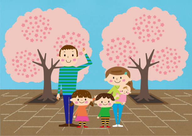 Families enjoying cherry blossoms at cherry-blossom viewing Families enjoying cherry blossoms at cherry-blossom viewing パンフレット stock illustrations