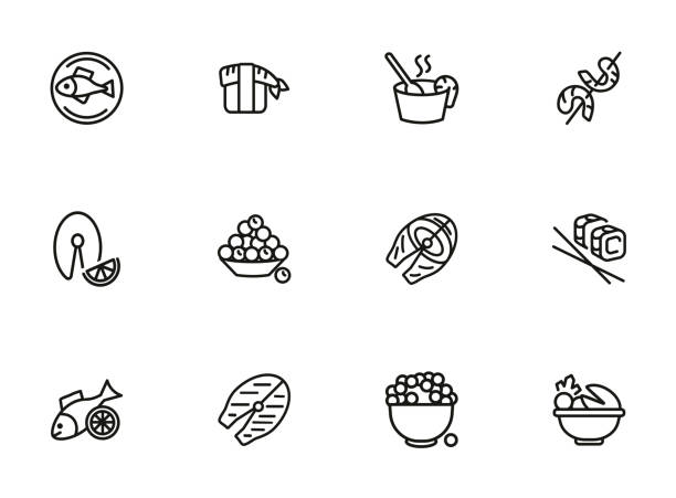 meeresfrüchte-linie-icon-set. lachssteak, kaviar - japanese cuisine appetizer gourmet caviar stock-grafiken, -clipart, -cartoons und -symbole