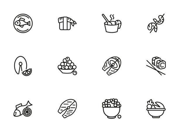 魚介類線アイコンを設定。サーモン ステーキ、キャビア - gourmet snail food escargot点のイラスト素材／クリップアート素材／マンガ素材／アイコン素材