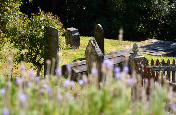 istock Old Tombstones and Partial Picket Fence 1129764378