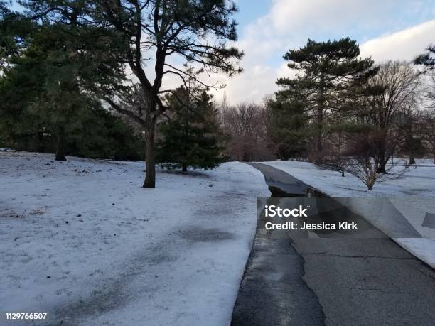 Path In The Park In The Snow Stock Photo - Download Image Now - Beauty In Nature, Blue, Cloud - Sky