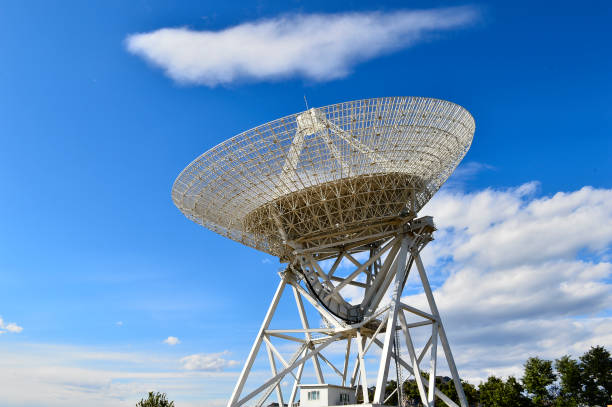 istock Array of satellite dishes or radio antennas against sky. Space o 1129768369
