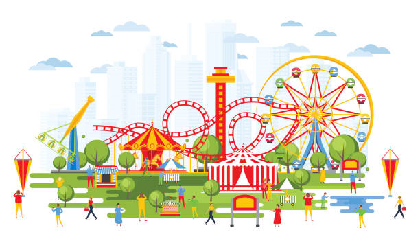 Ilustración de Parque De Atracciones Con Carruseles En Estilo De Dibujos Animados Paisaje Urbano y más Vectores Libres de Derechos de Parque de atracciones - iStock Ilustración de Parque De Atracciones Con Carruseles En Estilo De Dibujos Animados Paisaje Urbano y más Vectores Libres de Derechos de Parque de atracciones - iStock