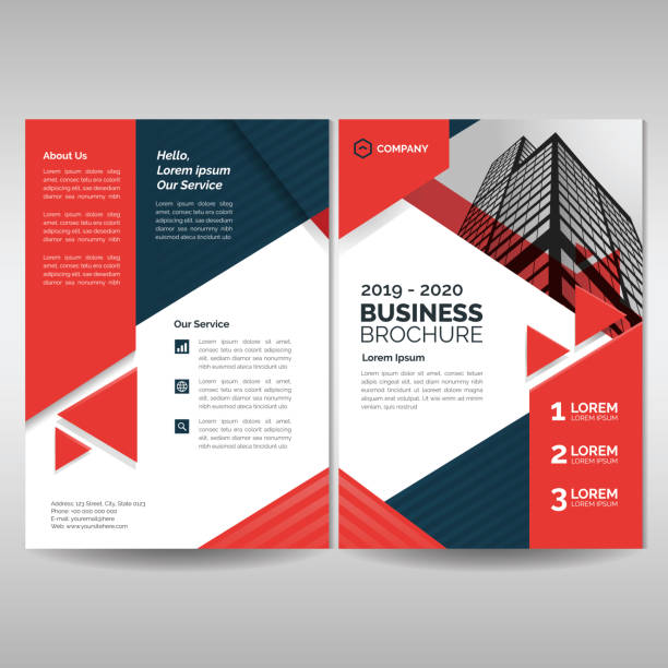 Business brochure cover layout template with red triangles Front and back cover of corporate brochure presentation templates stock illustrations
