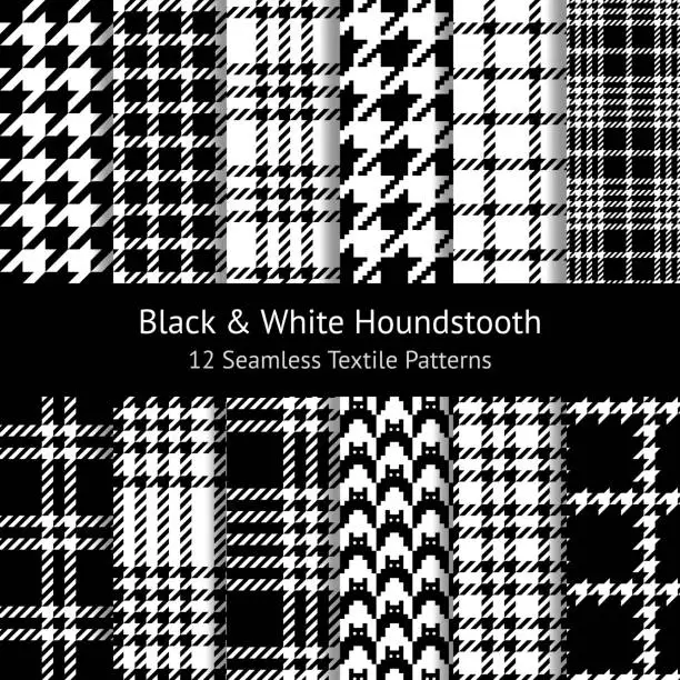 Vector illustration of Seamless houndstooth patterns in black & white. Set of 12 pixel patterns for coat, skirt, scarf, or other textile design. Vector illustration.