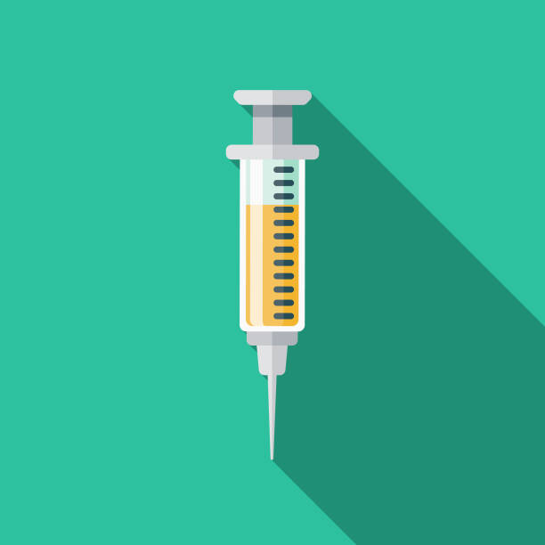 Syringe Drug Icon A flat design icon with a long shadow. File is built in the CMYK color space for optimal printing. Color swatches are global so it’s easy to change colors across the document. injection stock illustrations