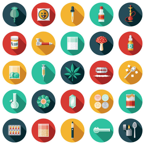Drugs Icon Set A set of icons. File is built in the CMYK color space for optimal printing. Color swatches are global so it’s easy to edit and change the colors. narcotic stock illustrations